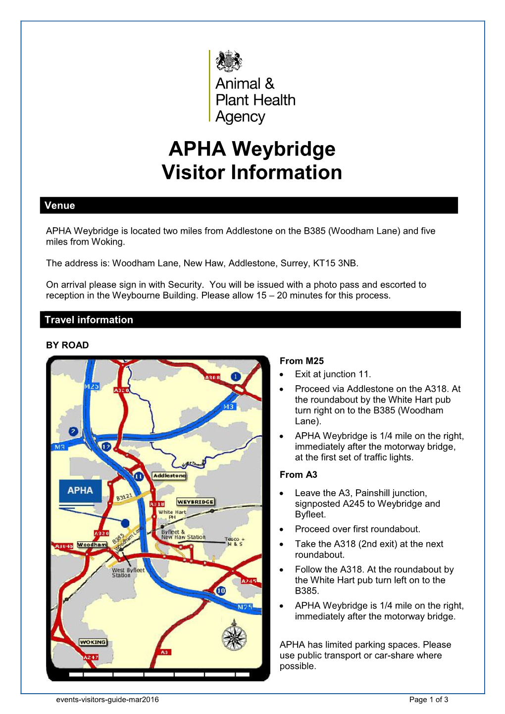 APHA Weybridge Visitor Information