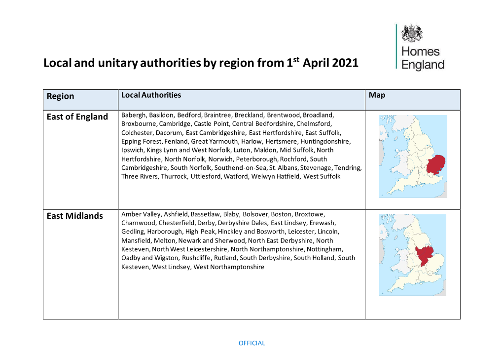 Local and Unitary Authorities by Region from 1St April 2021