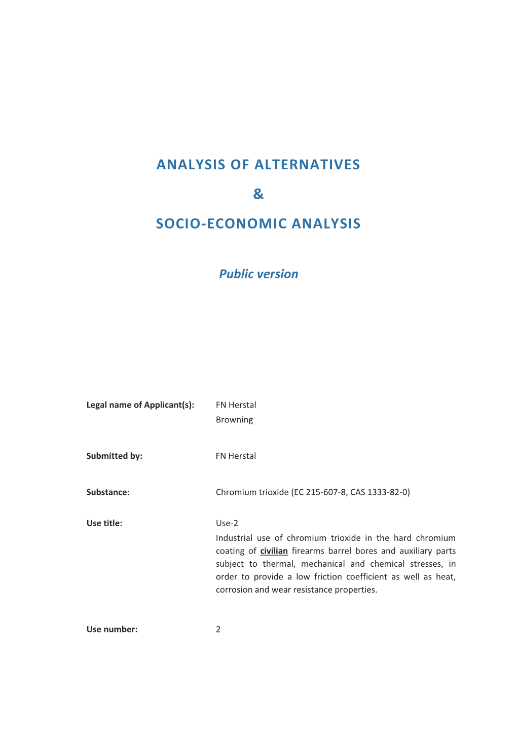 Analysis of Alternatives & Socio-Economic