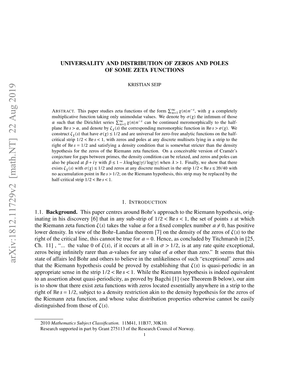Arxiv:1812.11729V2 [Math.NT] 22 Aug 2019 Oe Est.I Iwo H Orlna Hoe 7 Nted the on [7] Theorem Bohr–Landau the of View in Density