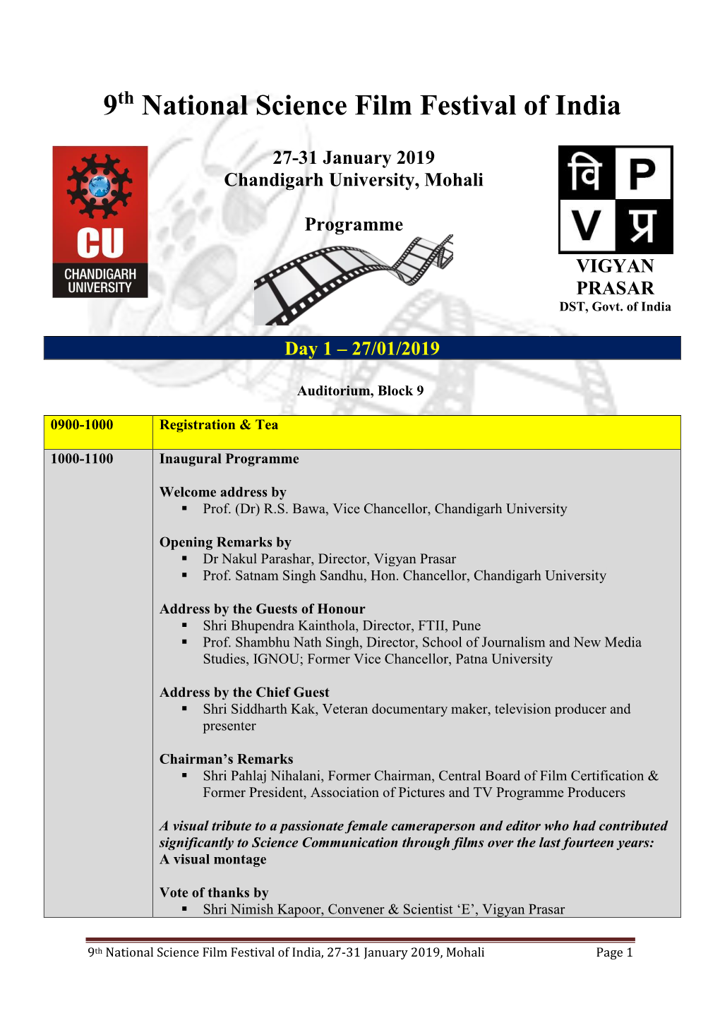 Programme of 9Th National Science Film Festival of India 2019, Mohali