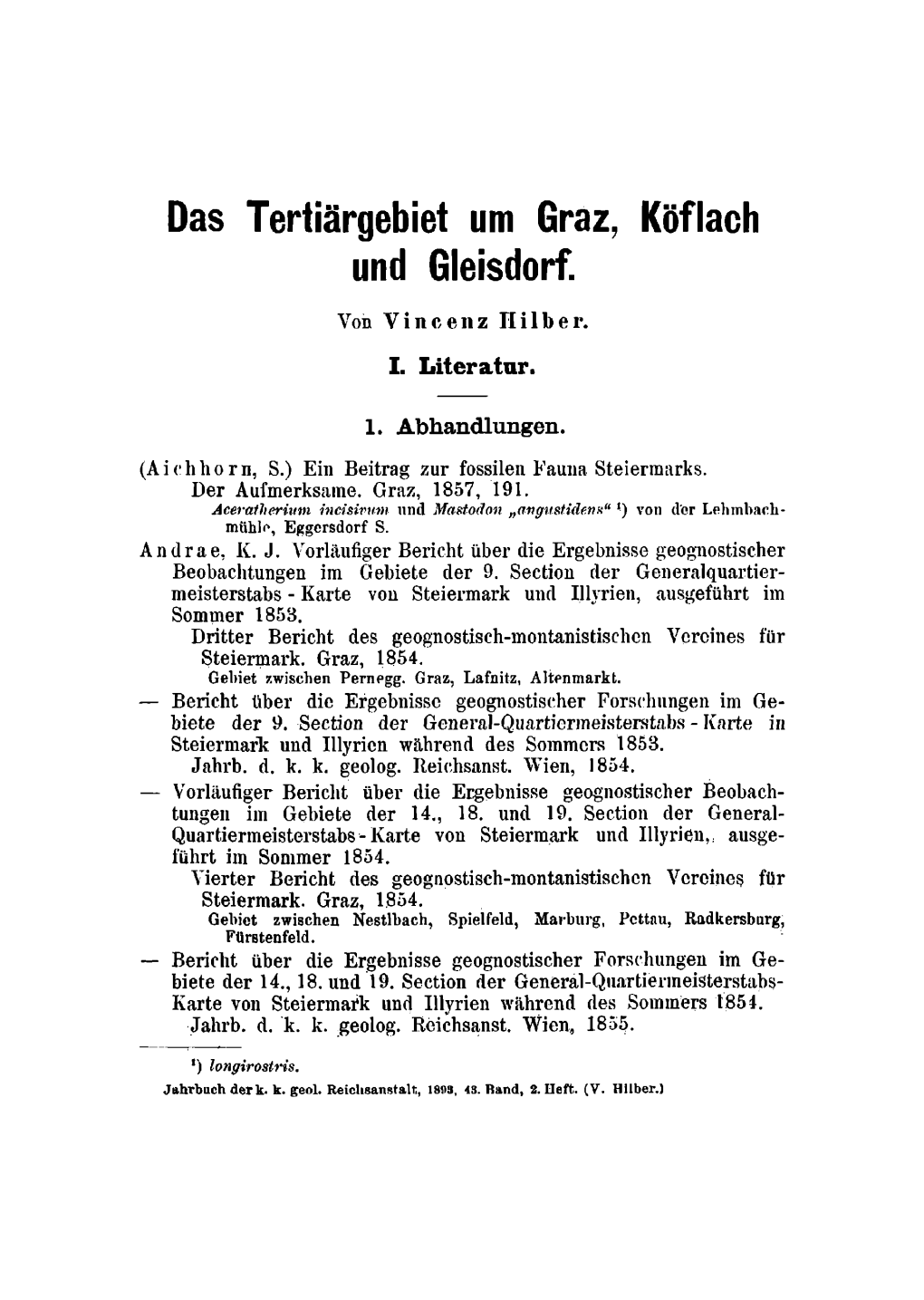 Das Tertiärgebiet Um Graz, Köflach Und Gleisdorf. Von Vincenz Hilber