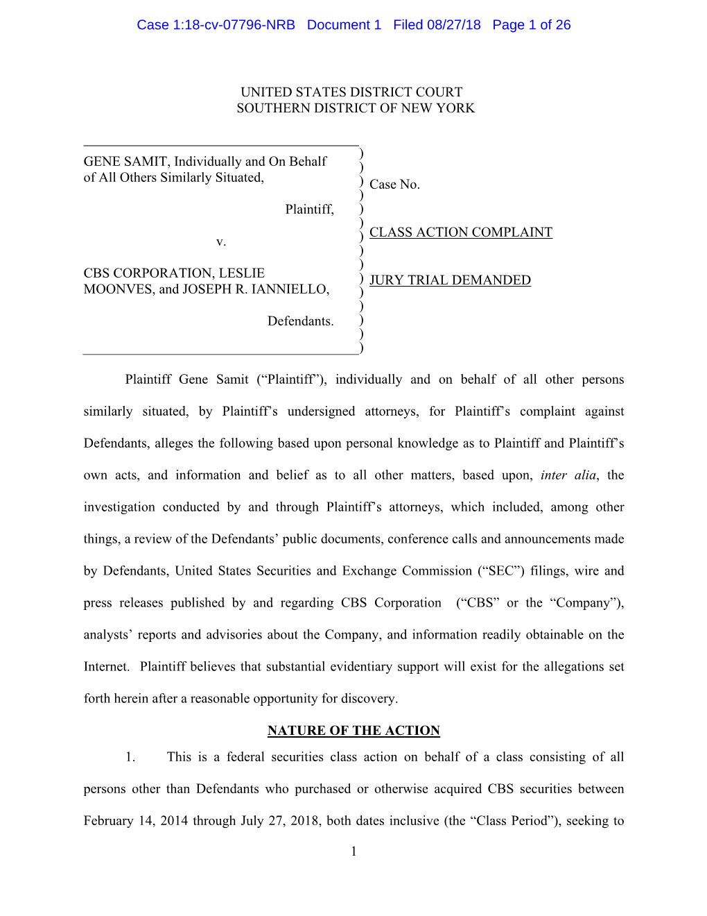 Gene Samit, Et Al. V. CBS Corporation, Et Al. 18-CV-07796