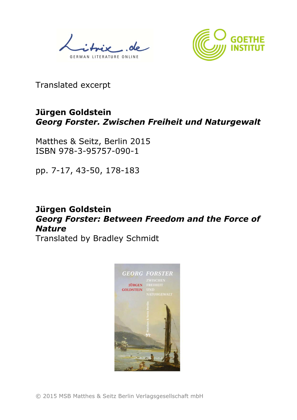Translated Excerpt Jürgen Goldstein Georg Forster. Zwischen