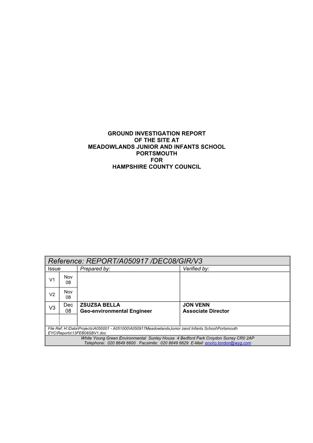 Ground Investigation Report of the Site at Meadowlands Junior and Infants School Portsmouth for Hampshire County Council