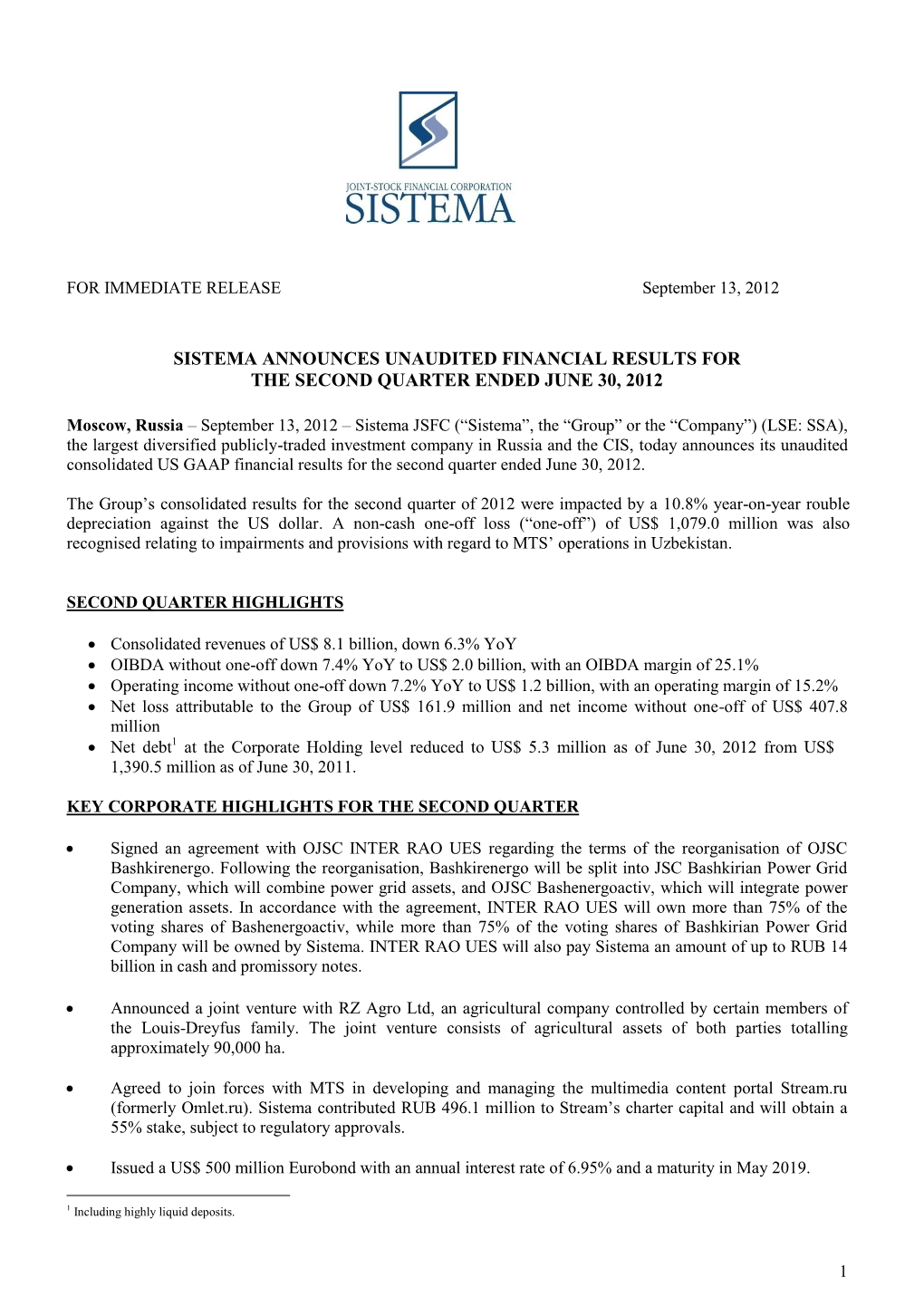 US GAAP Financial Results for the Second Quarter Ended June 30, 2012