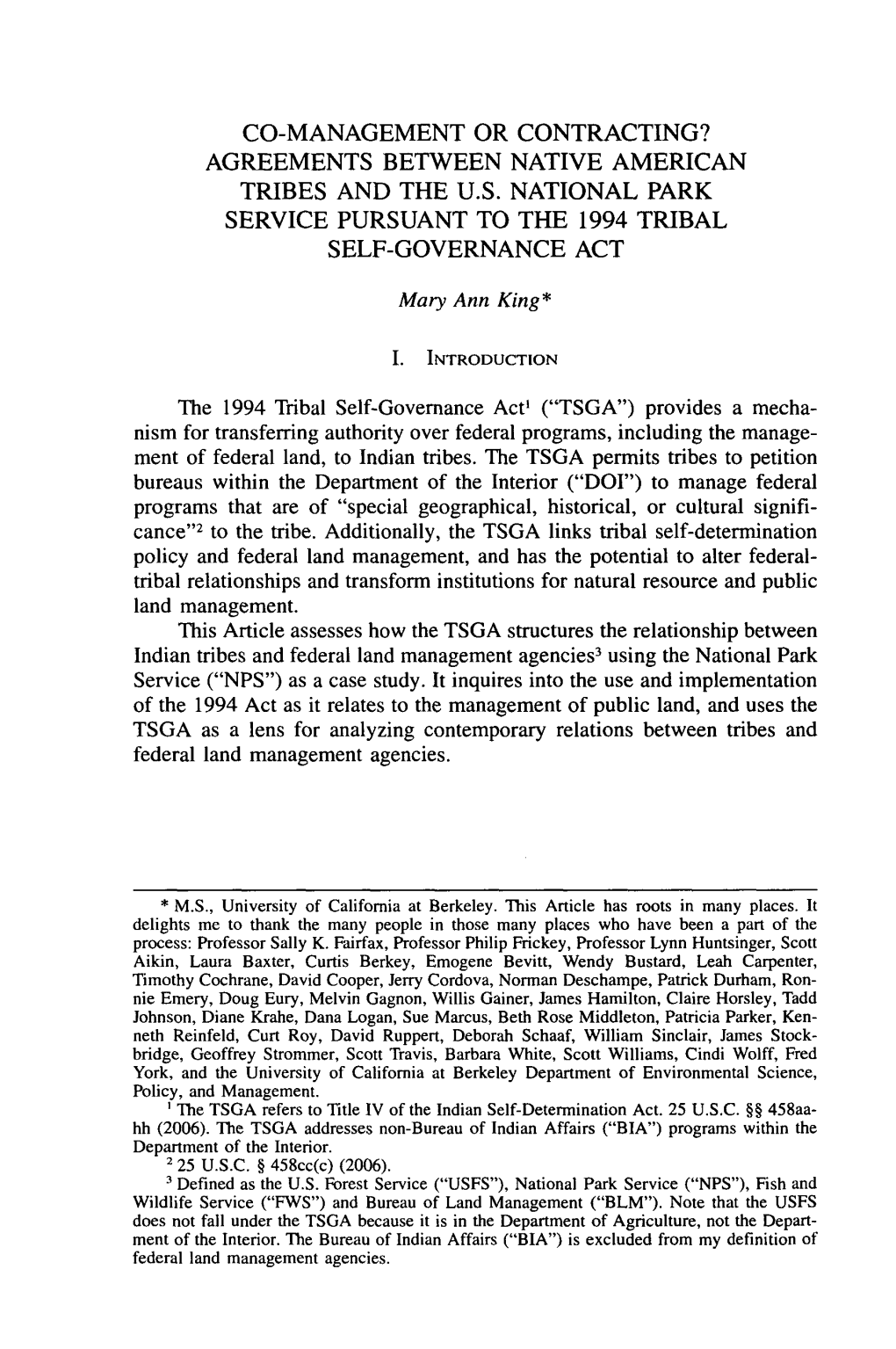 Co-Management Or Contracting? Agreements Between Native American Tribes and the U.S