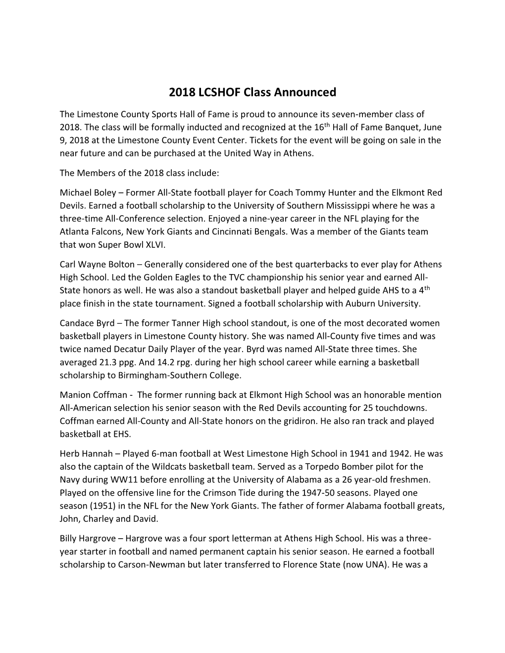 2018 LCSHOF Class Announced