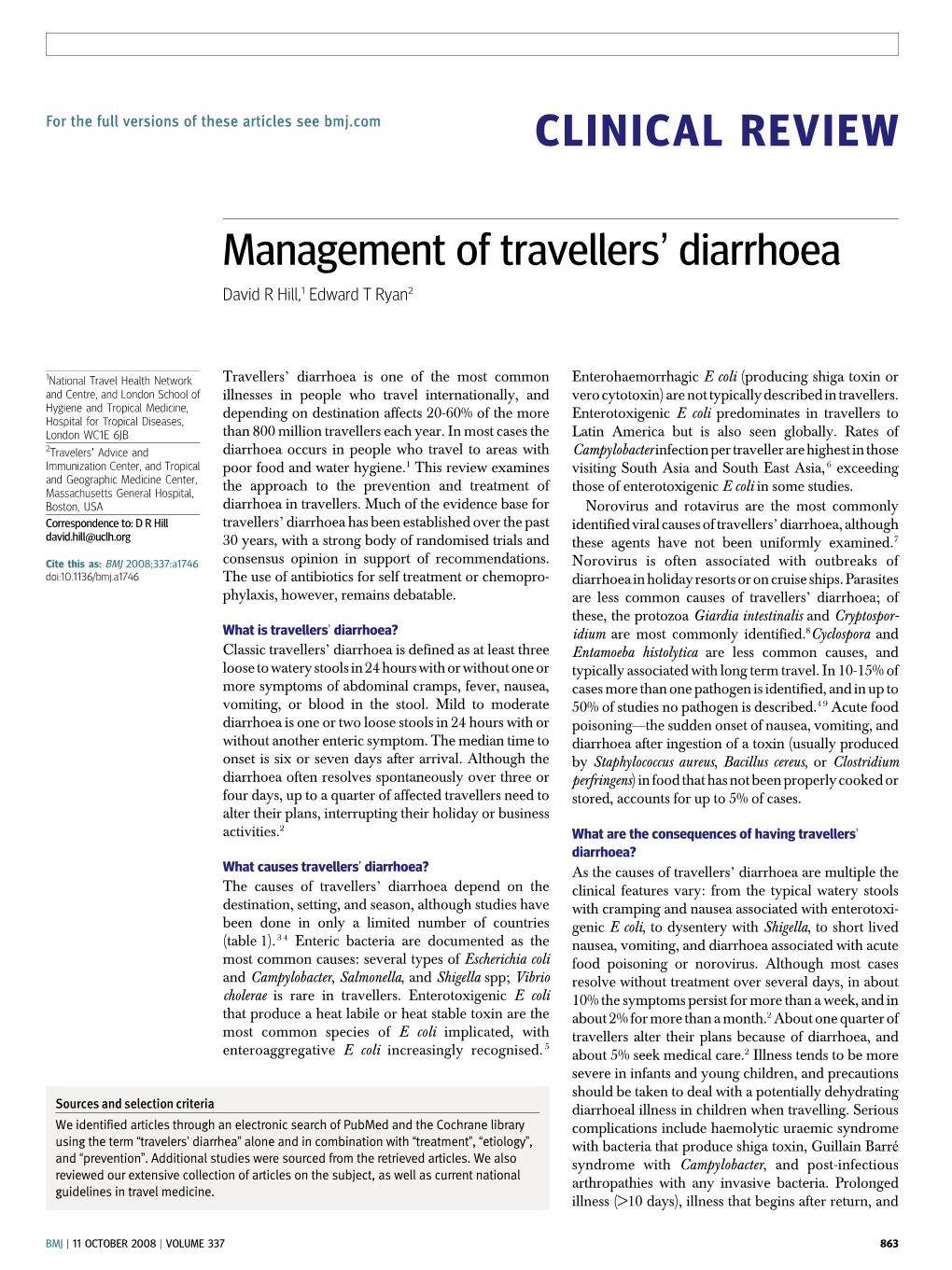 CLINICAL REVIEW Management of Travellers' Diarrhoea