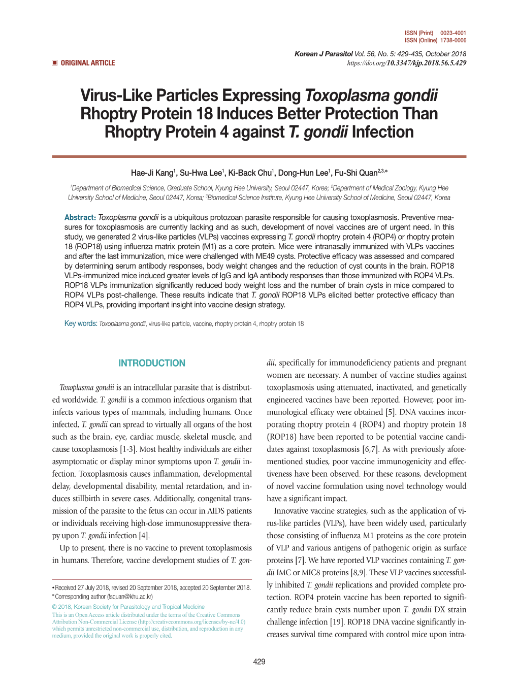 Virus-Like Particles Expressing Toxoplasma Gondii Rhoptry Protein 18 Induces Better Protection Than Rhoptry Protein 4 Against T