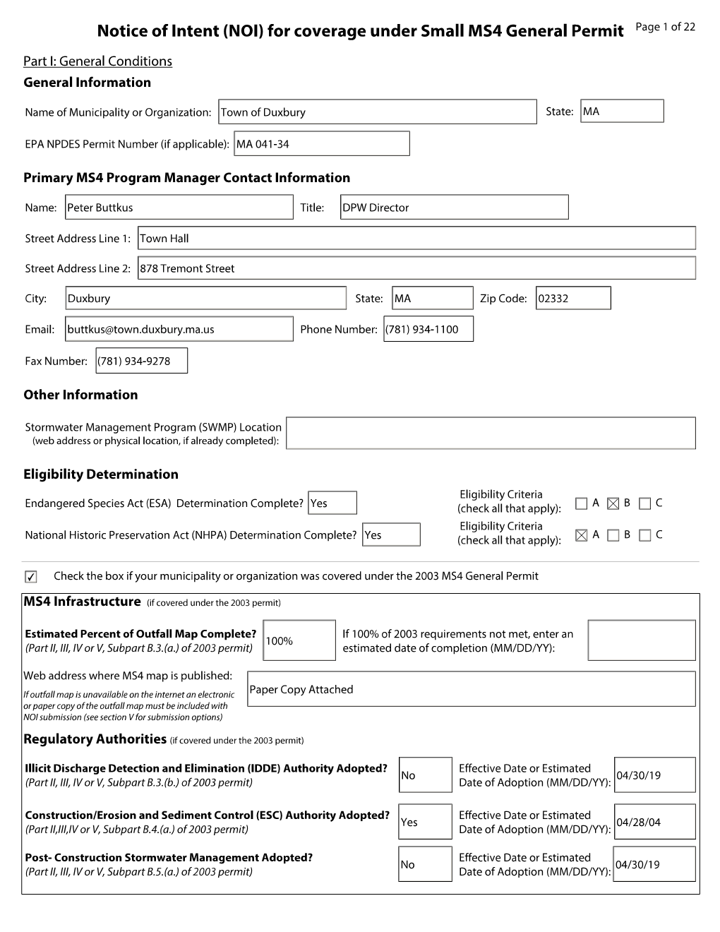 (NOI) for Coverage Under Small MS4 General Permit for Duxbury, MA