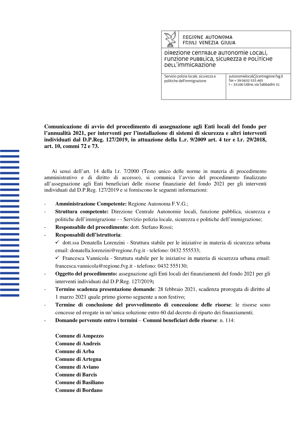 Comunicazione Di Avvio Del Procedimento Di Assegnazione Agli Enti Locali Del Fondo Per L'annualità 2021, Per Interventi Per L