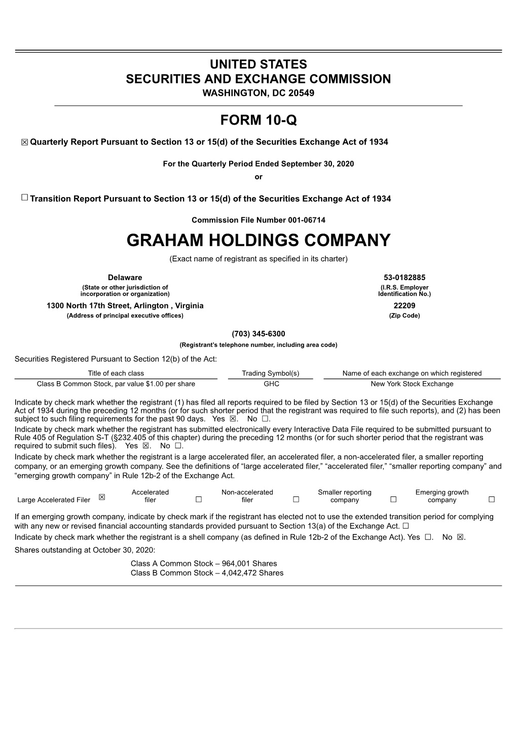 GRAHAM HOLDINGS COMPANY (Exact Name of Registrant As Specified in Its Charter)