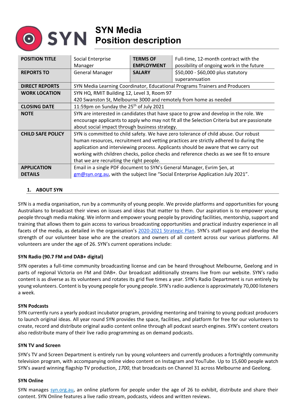 SYN Media Position Description