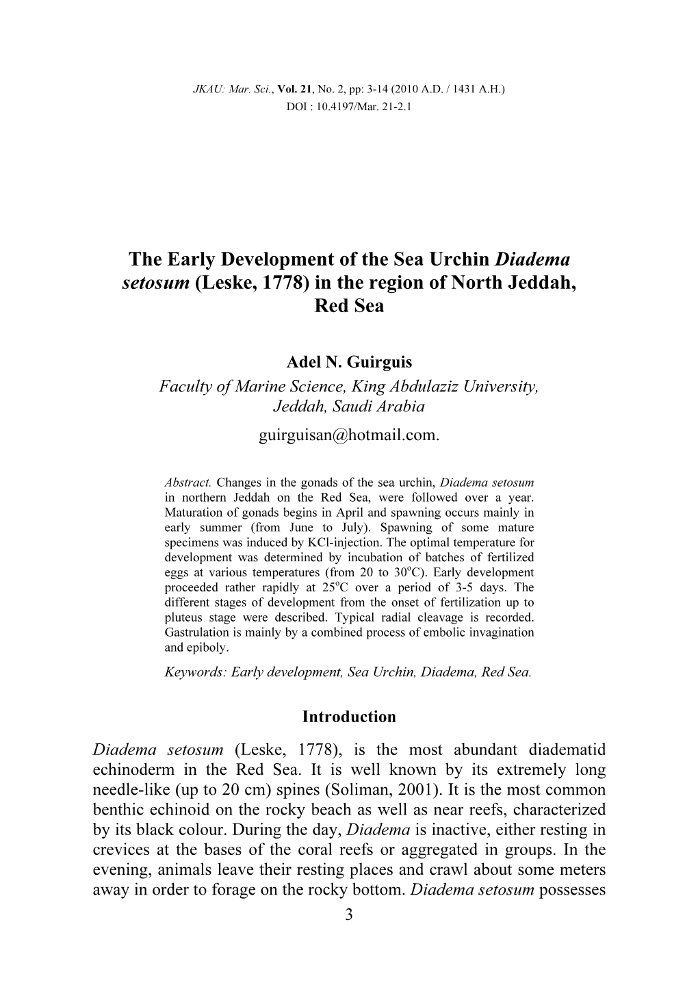 The Early Development of the Sea Urchin Diadema Setosum (Leske, 1778) in the Region of North Jeddah, Red Sea
