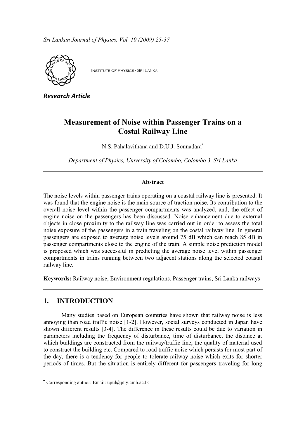 Measurement of Noise Within Passenger Trains on a Costal Railway Line