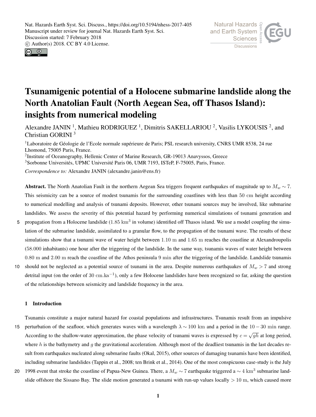 Tsunamigenic Potential of a Holocene Submarine Landslide Along The