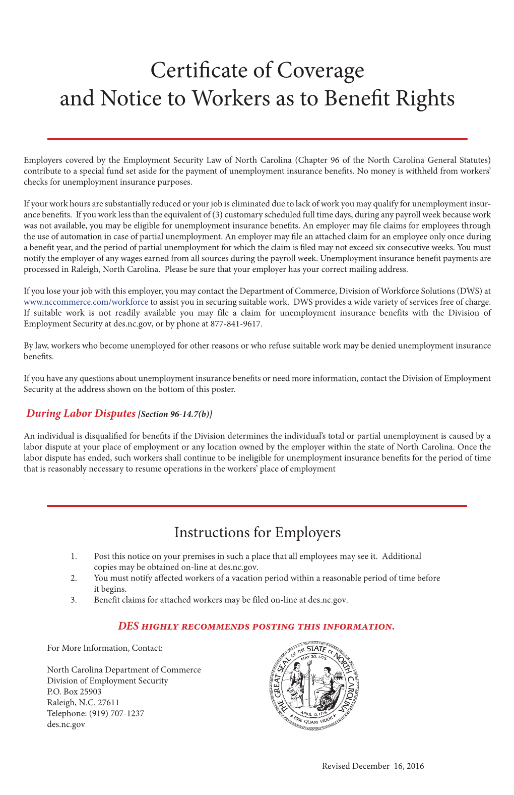 Certificate of Coverage and Notice to Workers As to Benefit Rights