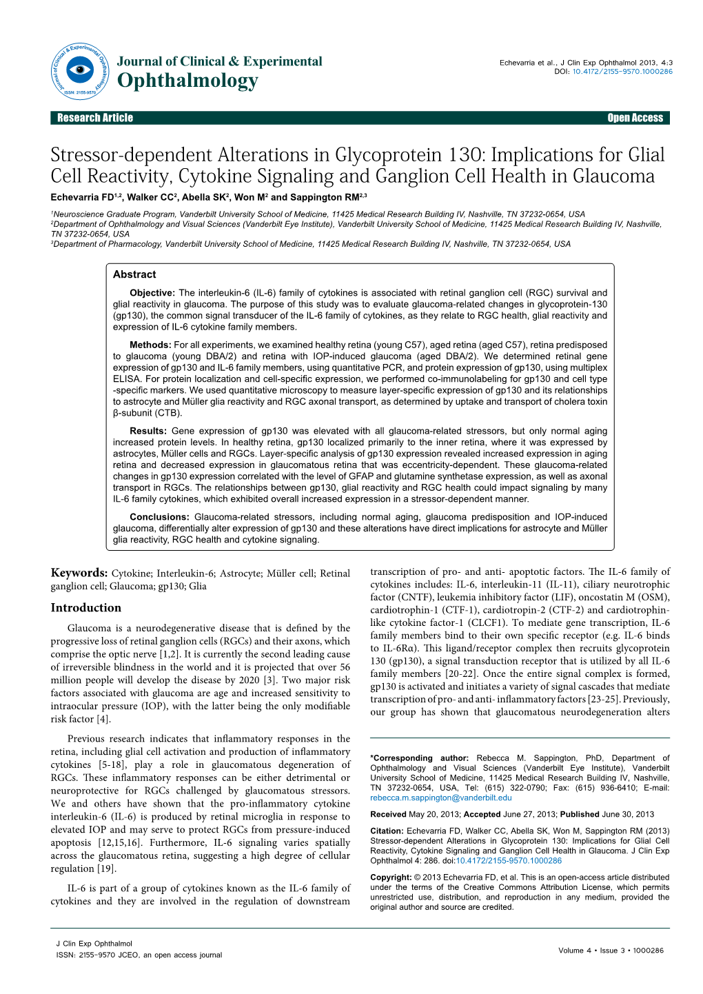 Stressor-Dependent Alterations in Glycoprotein 130: Implications for Glial Cell Reactivity, Cytokine Signaling and Ganglion Cell