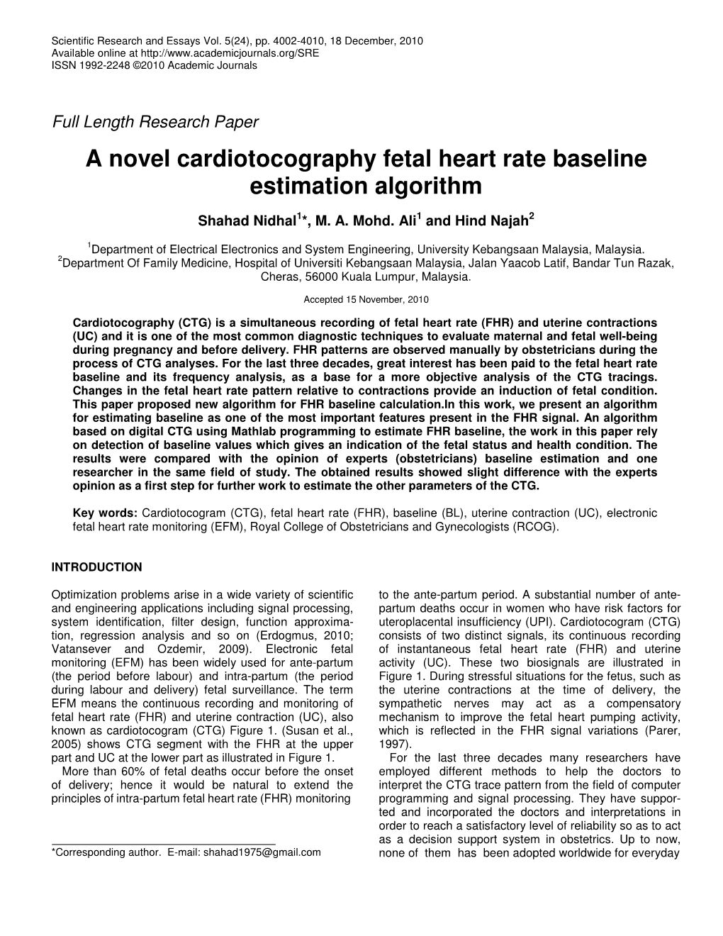 A Novel Cardiotocography Fetal Heart Rate Baseline Estimation Algorithm