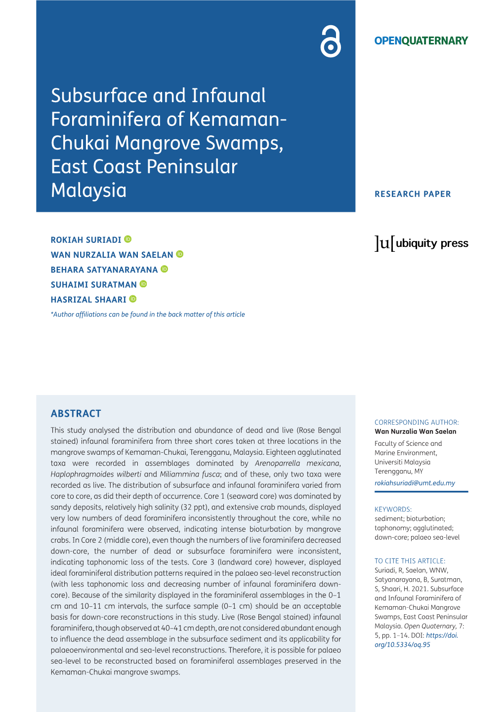 Subsurface and Infaunal Foraminifera of Kemaman- Chukai Mangrove Swamps, East Coast Peninsular