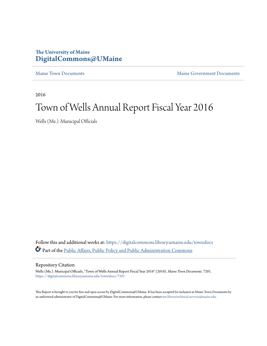 Town of Wells Annual Report Fiscal Year 2016 Wells (Me.)