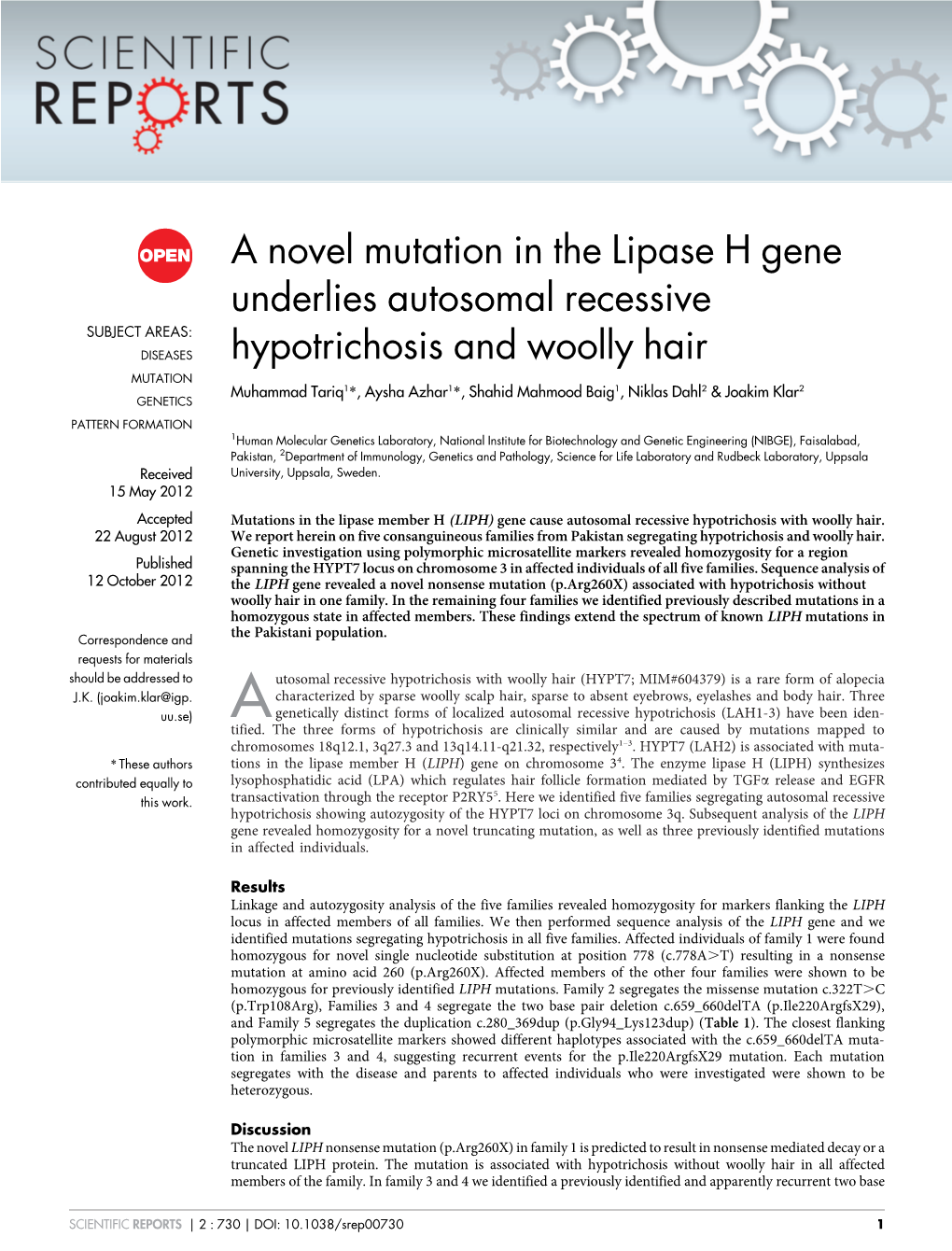 A Novel Mutation in the Lipase H Gene Underlies Autosomal Recessive