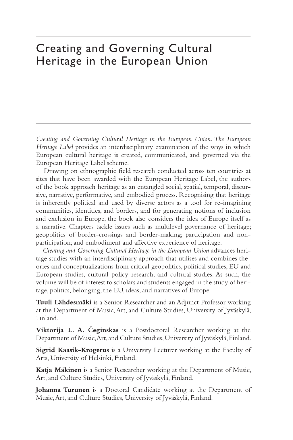 Creating and Governing Cultural Heritage in the European Union