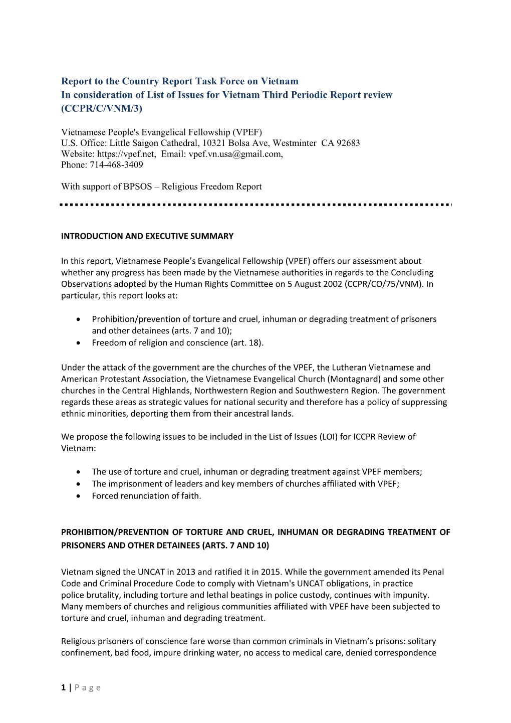 Report to the Country Report Task Force on Vietnam in Consideration of List of Issues for Vietnam Third Periodic Report Review (CCPR/C/VNM/3)