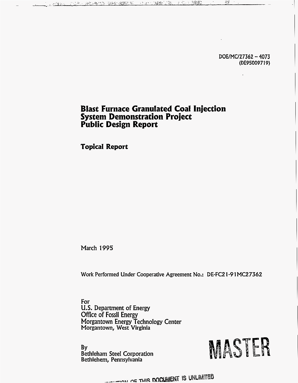 Blast Furnace Granulated Coal Injection System Demonstration Project Public Design Report