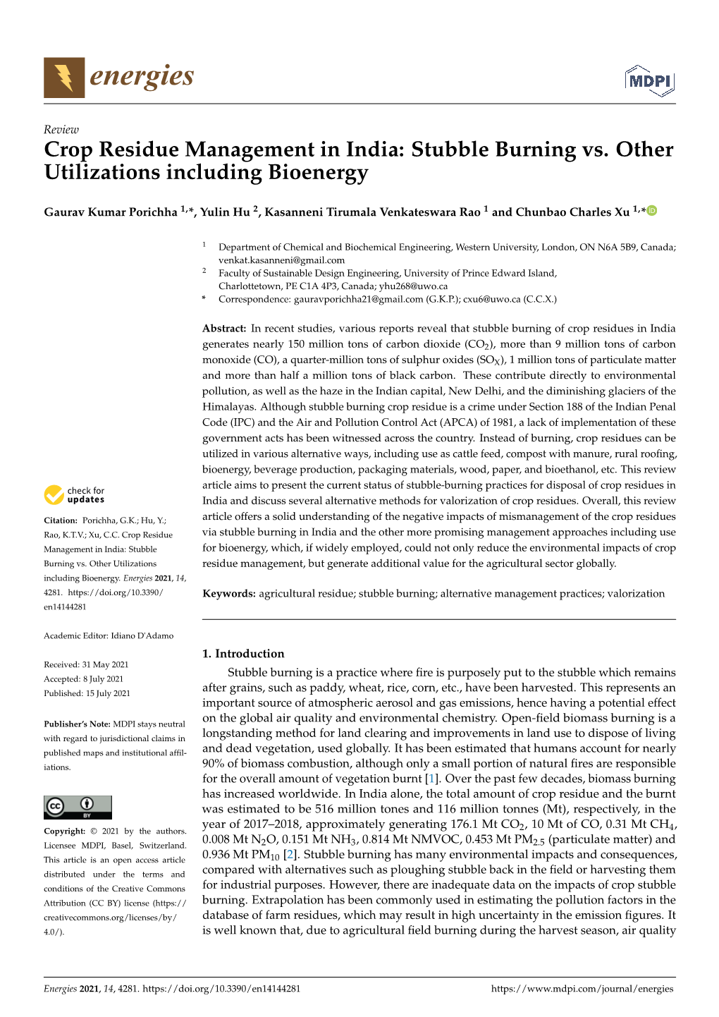 Crop Residue Management in India: Stubble Burning Vs. Other Utilizations Including Bioenergy