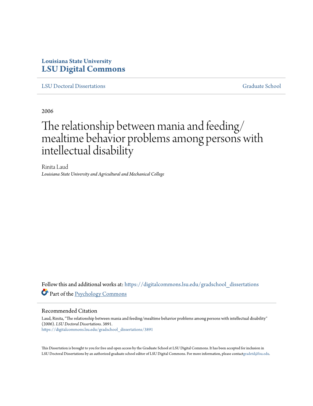 The Relationship Between Mania and Feeding/Mealtime Behavior Problems Among Persons with Intellectual Disability