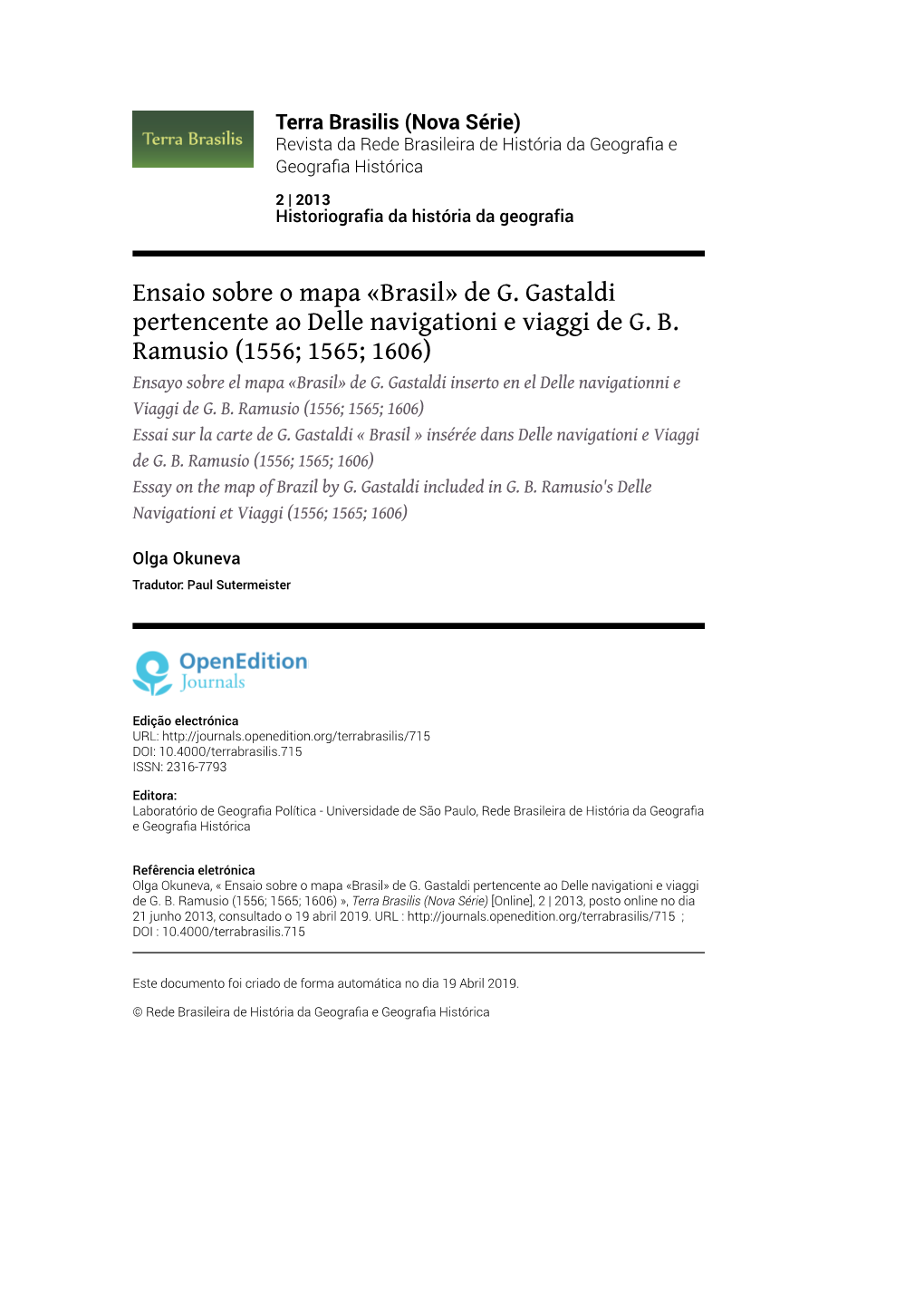 Terra Brasilis (Nova Série) Revista Da Rede Brasileira De História Da Geograﬁa E Geograﬁa Histórica