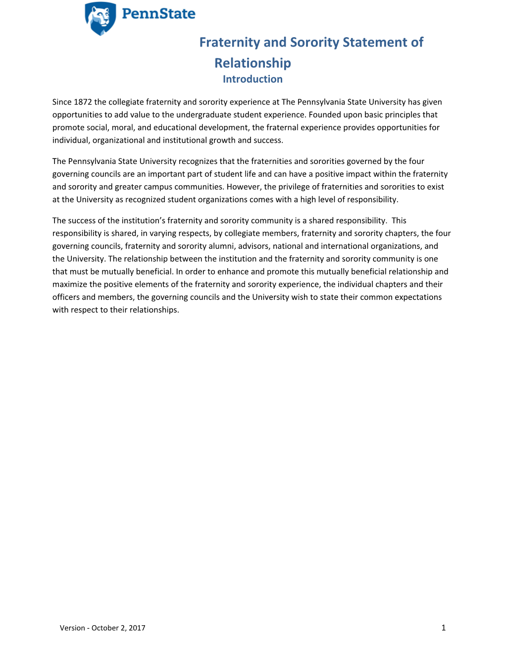 Fraternity and Sorority Statement of Relationship