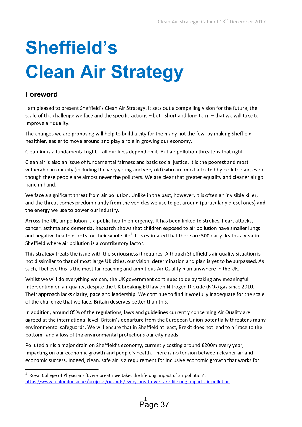 Clean Air Strategy: Cabinet 13Th December 2017 Sheffield’S Clean Air Strategy