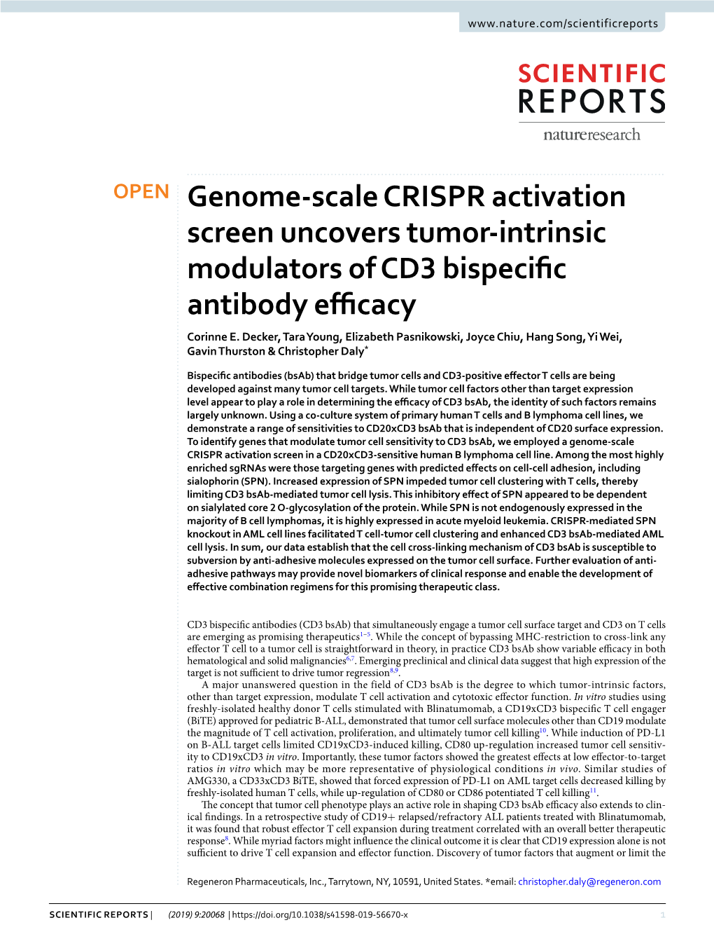 Genome-Scale CRISPR Activation Screen Uncovers Tumor-Intrinsic Modulators of CD3 Bispecifc Antibody Efcacy Corinne E