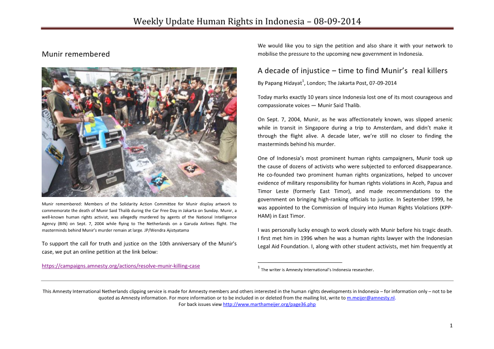 Weekly Update Human Rights in Indonesia – 08-09-2014