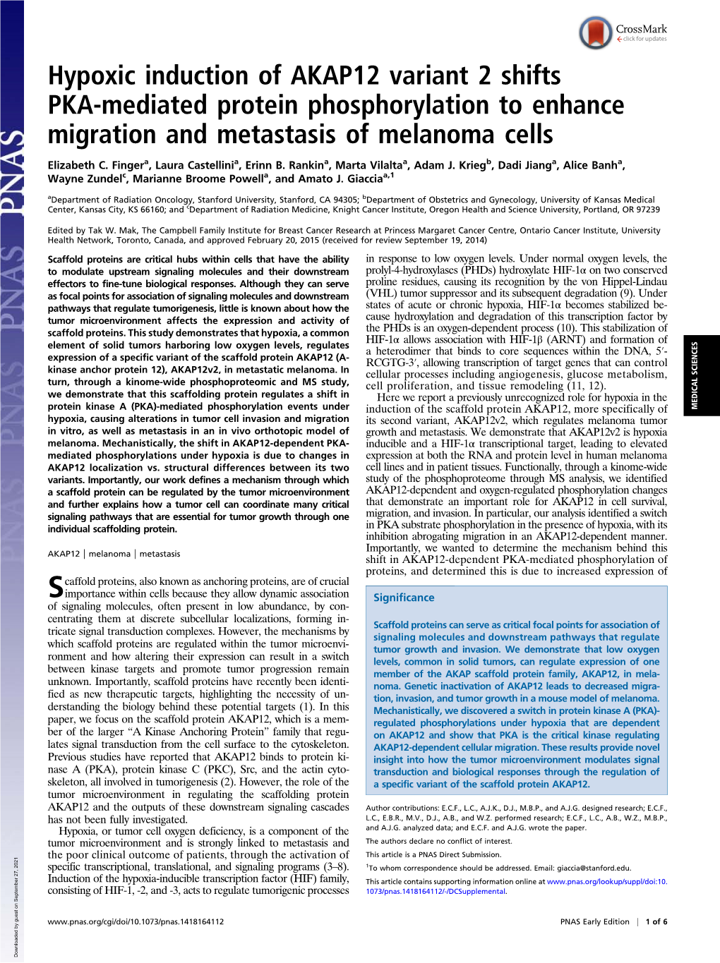 Hypoxic Induction of AKAP12 Variant 2 Shifts PKA-Mediated Protein Phosphorylation to Enhance Migration and Metastasis of Melanoma Cells