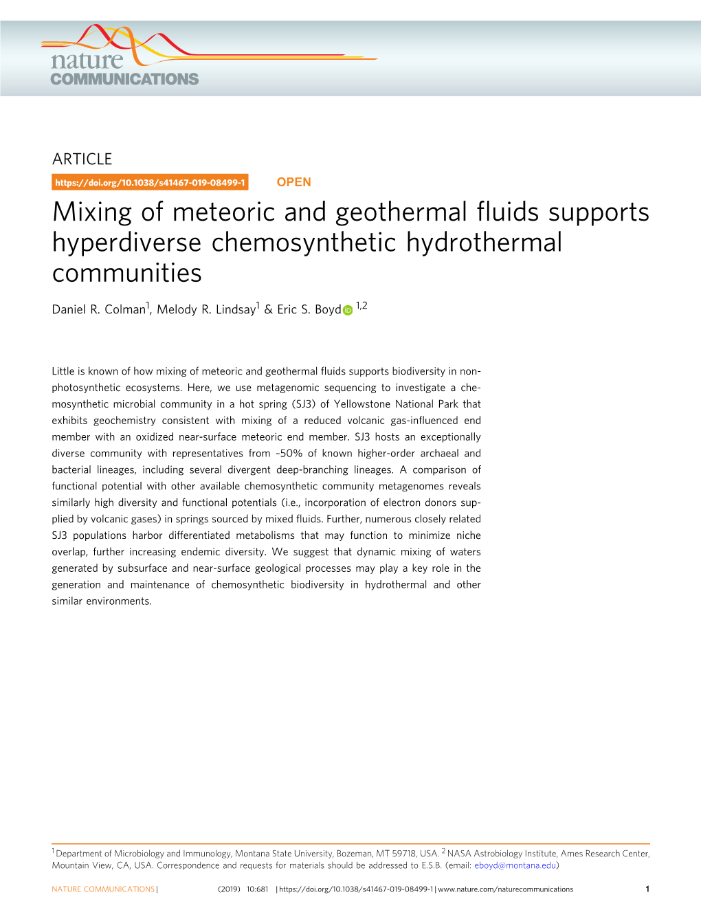 Mixing of Meteoric and Geothermal Fluids Supports Hyperdiverse