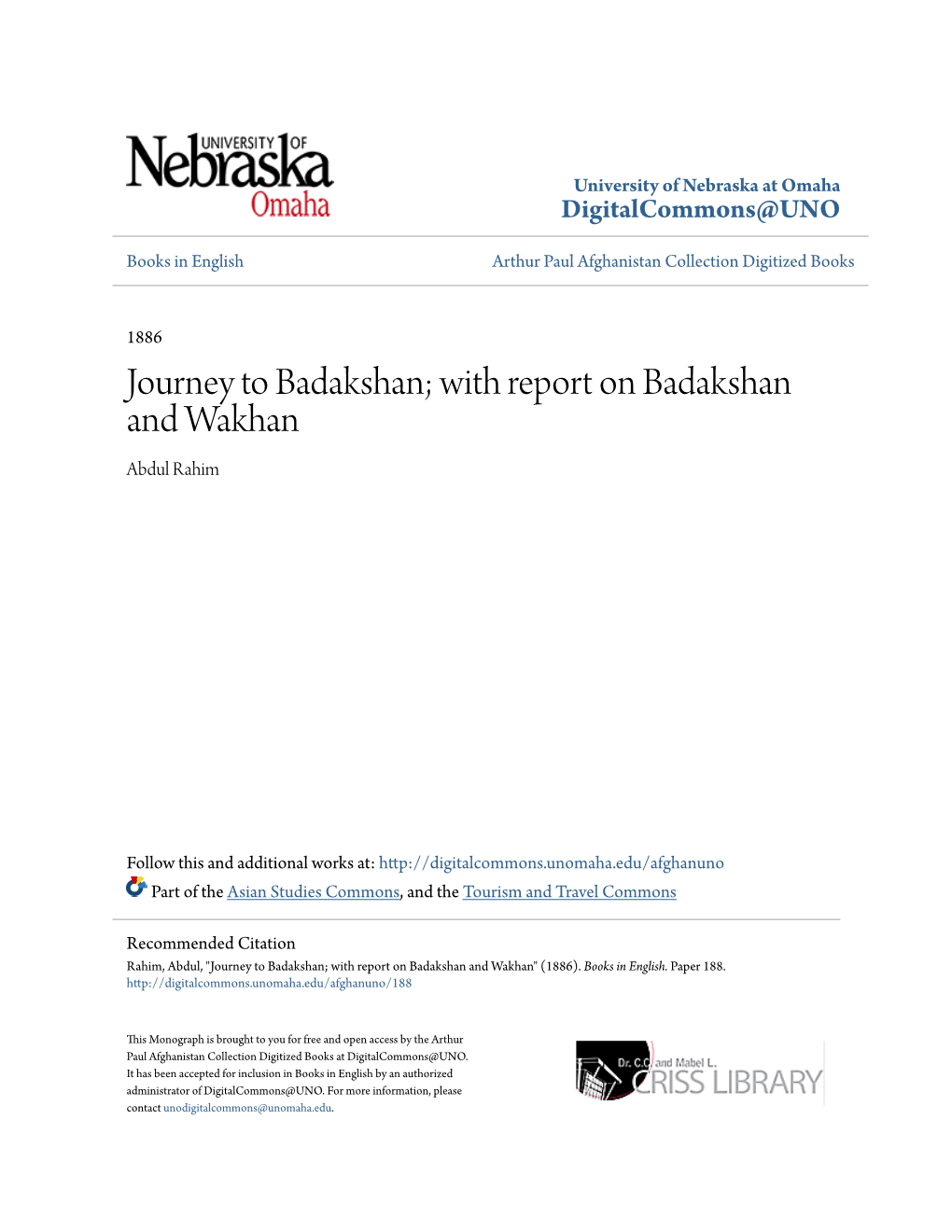 With Report on Badakshan and Wakhan Abdul Rahim