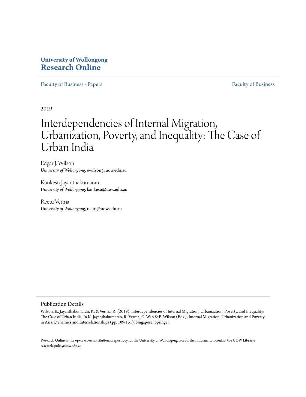 Interdependencies of Internal Migration, Urbanization, Poverty, and Inequality: the Ac Se of Urban India Edgar J
