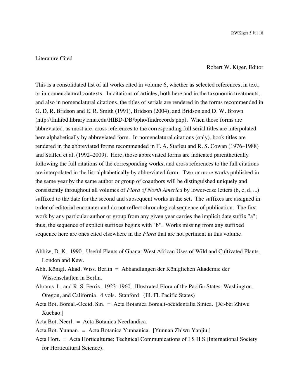 Literature Cited Robert W. Kiger, Editor This Is a Consolidated List Of