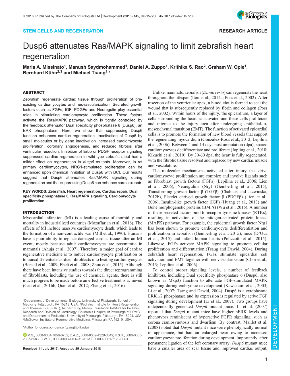 Dusp6 Attenuates Ras/MAPK Signaling to Limit Zebrafish Heart Regeneration Maria A