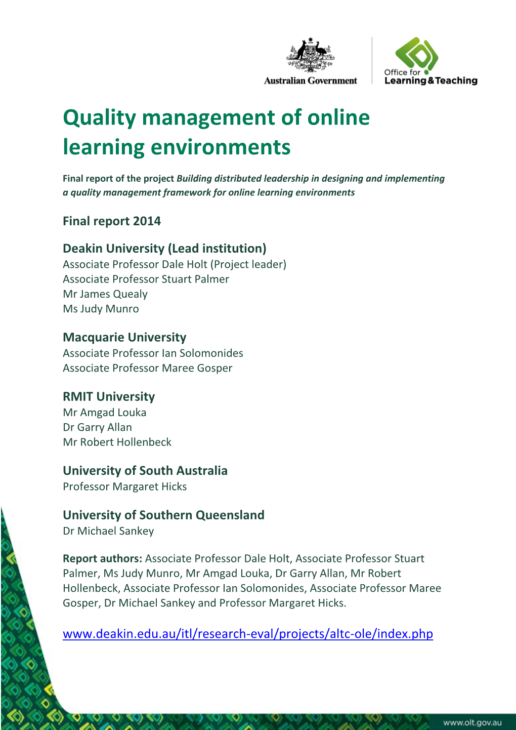 Quality Management of Online Learning Environments