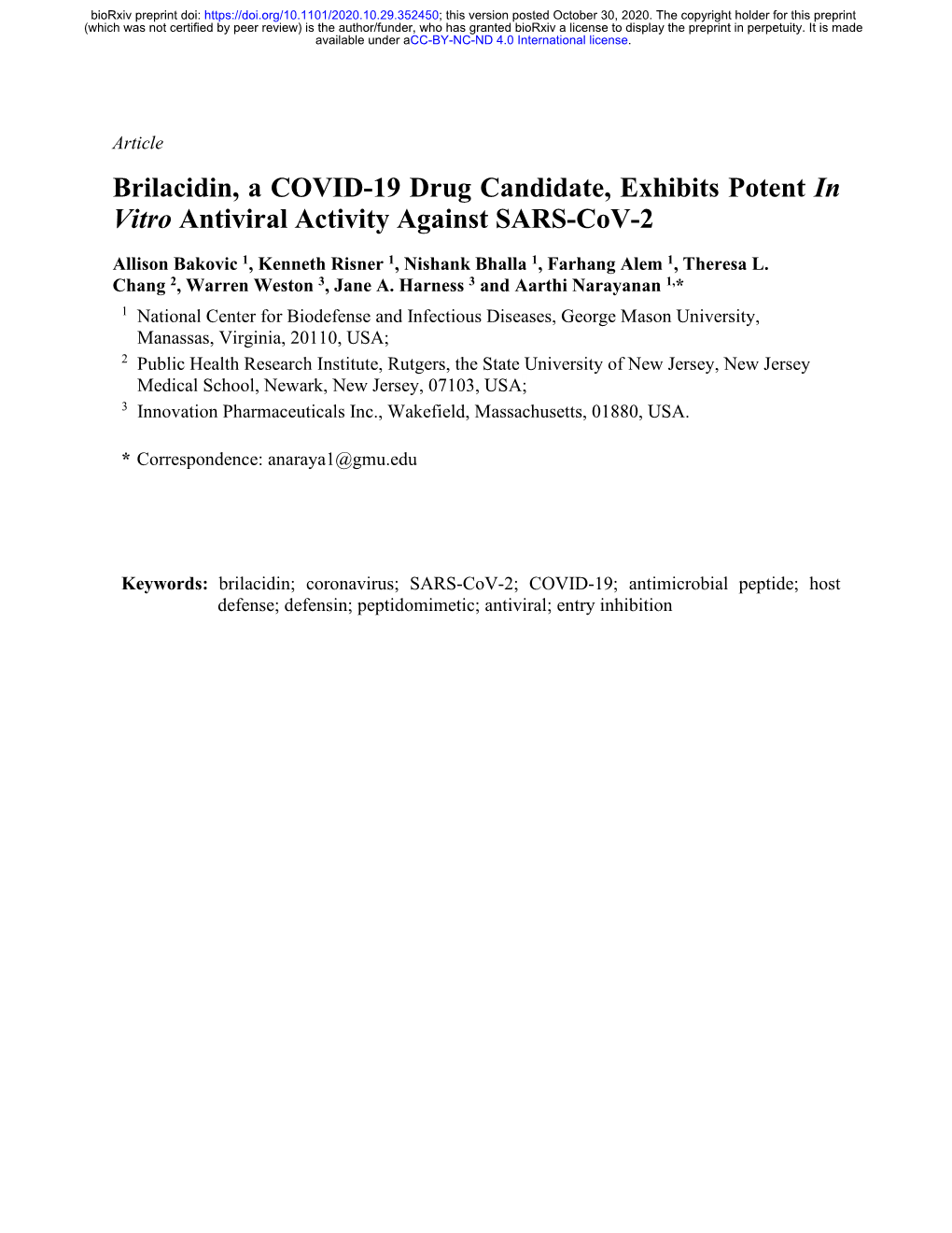 Brilacidin, a COVID-19 Drug Candidate, Exhibits Potent in Vitro Antiviral Activity Against SARS-Cov-2