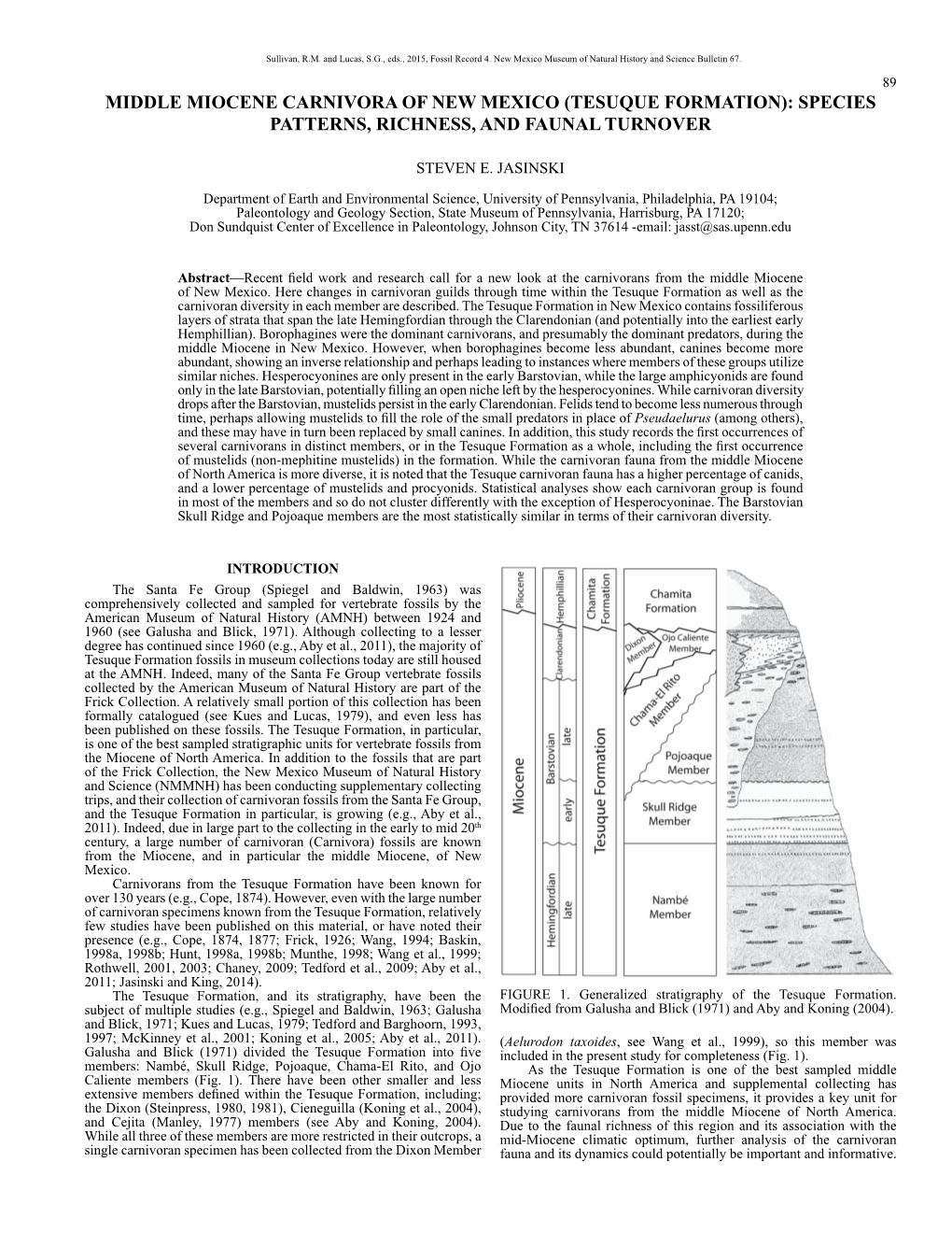 Middle Miocene Carnivora of New Mexico (Tesuque Formation): Species Patterns, Richness, and Faunal Turnover