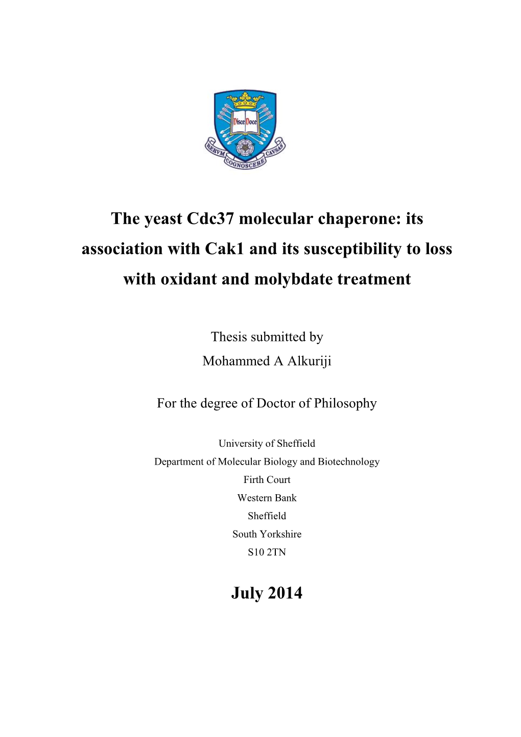 The Yeast Cdc37 Molecular Chaperone: Its Association with Cak1 and Its Susceptibility to Loss with Oxidant and Molybdate Treatment