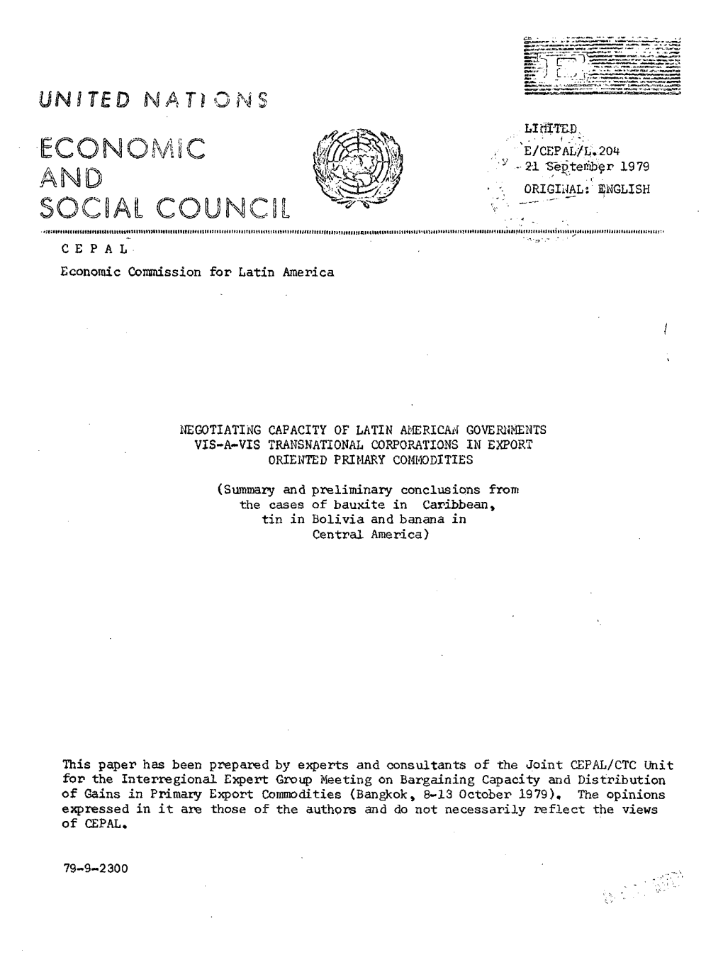 UNITED NA II on S Lïnïtep - • Ft ' , • ' E / CEP AL/JJ» 2 04 -2-1 September 1979 ORIGINALE ENGLISH