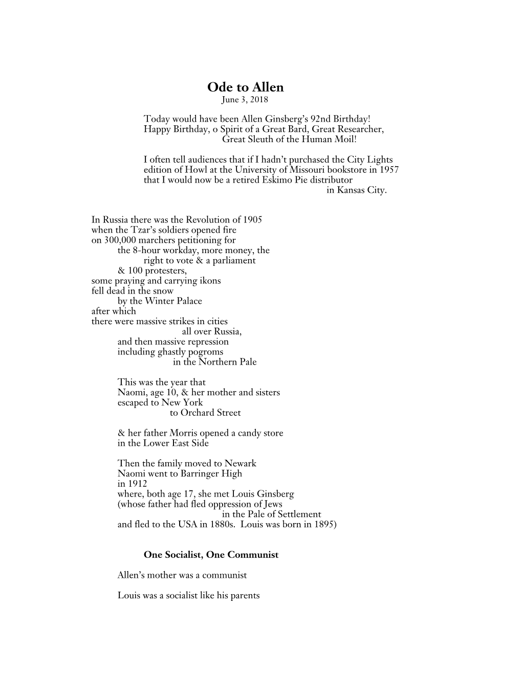 Ode to Allen June 3, 2018