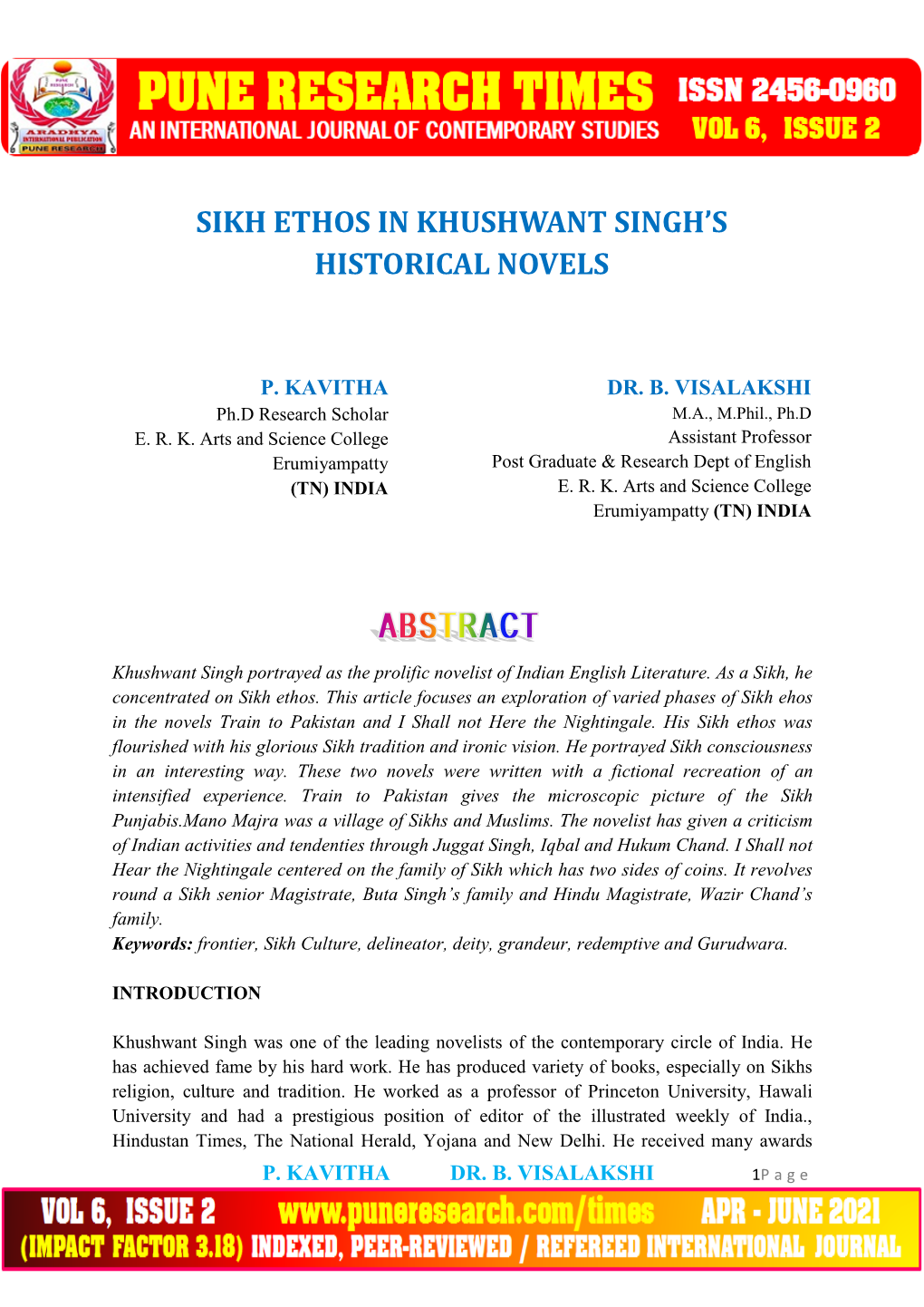 Sikh Ethos in Khushwant Singh's Historical Novels